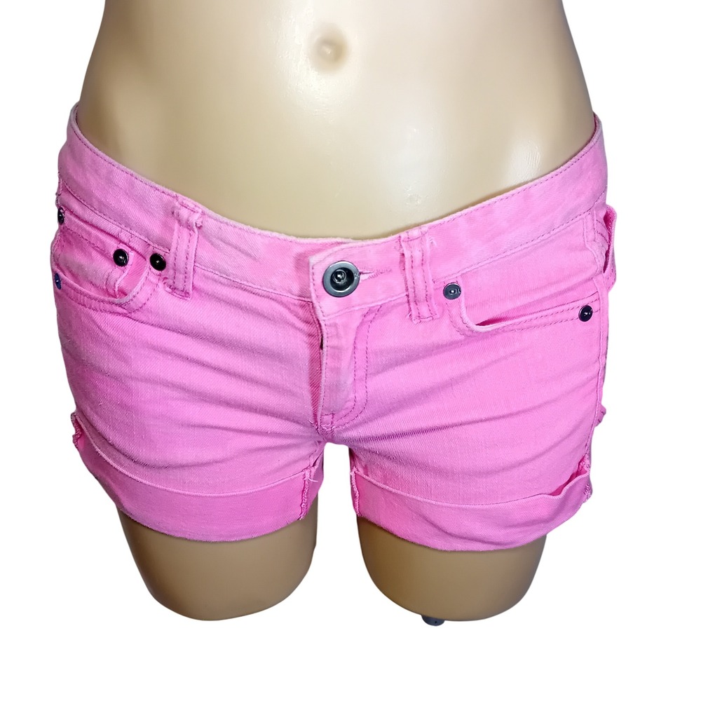 Y2K Hurley Neon Pink Denim Cuffed Jean Shorts Lace Up Detail Streetwear 27 READ